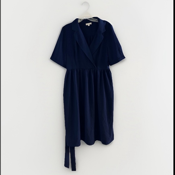 Böhme‎ Navy Wrap Dress Size Large Pockets  Midi Belted Classic Chic Style - Picture 5 of 12
